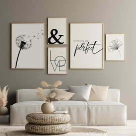 简约现代北欧黑白英文字母蒲公英客厅海报装饰画壁画图片画芯喷绘