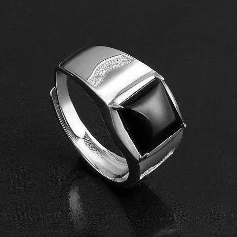 New Black Agate Ring for Men - Bold and Fashionable Fake Gemstone Silver Ring with Adjustable Fit, Long-lasting, Simple Men's Ring