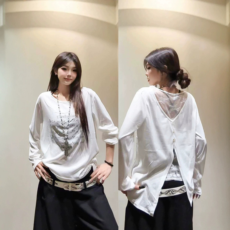 New style women's long-sleeve top with back V lace, faux two-piece design, fashionable and versatile, trendy slit button-up blouse, cross-border wholesale