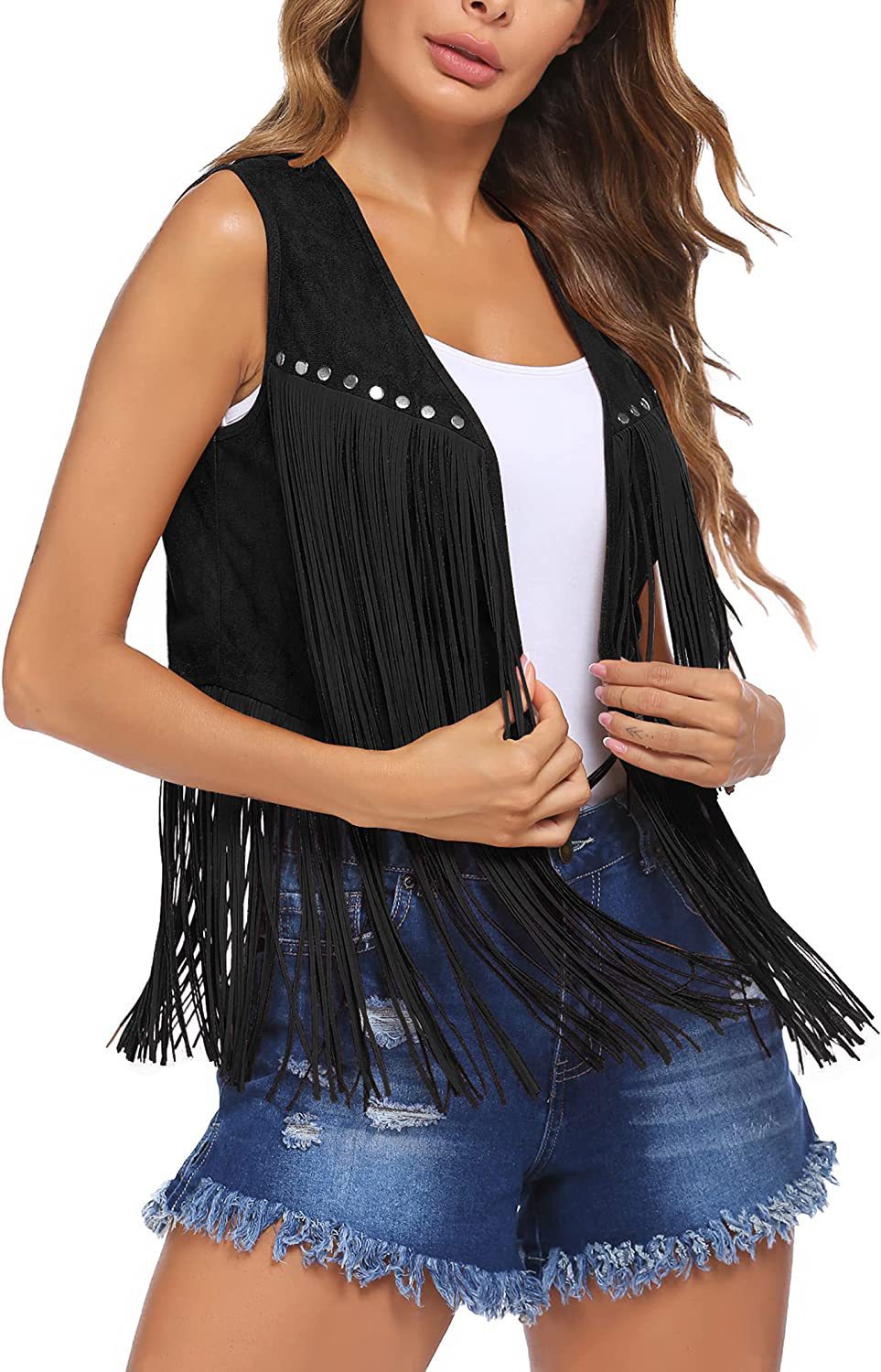 Cappotto da donna con frange in pelle di daino in velluto sbottonato di media lunghezza_voghion.com