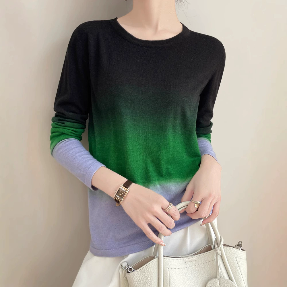 Оптовая продажа камвольная шерстяная вязаная рубашка с круглым вырезом весной 2025 новый градиент дизайн ощущение свободного дна на рубашке