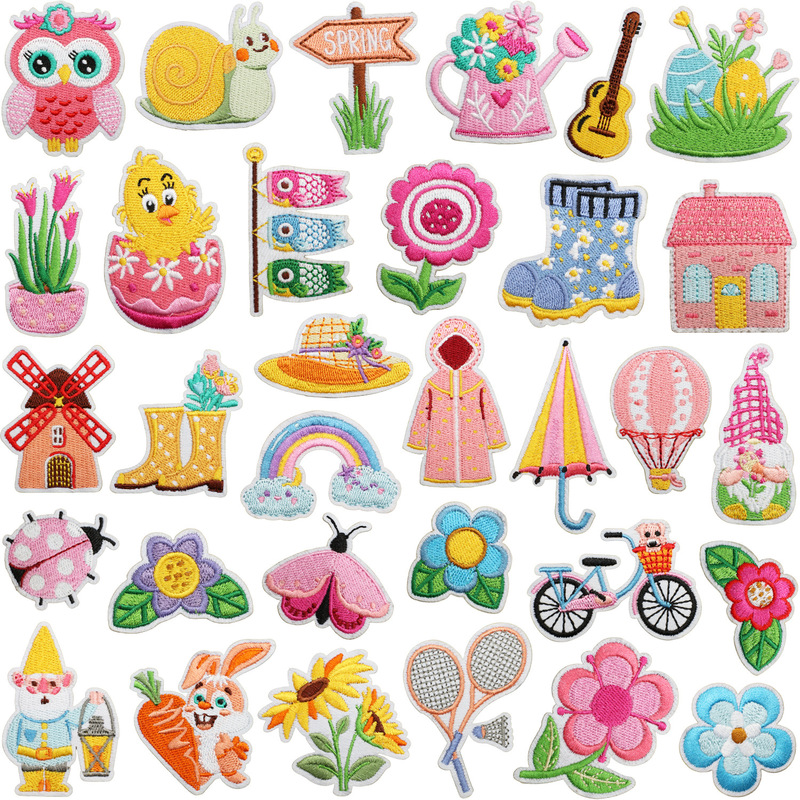 Spring Element Embroidery Cloth Stickers Chicken Patch Stickers Spring Blossoms Computer Embroidered Label Raincoat Rain Boots Embroidered Chapter