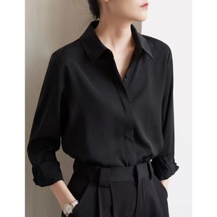 Elegant Black Chiffon Shirt Early Autumn French Commuter Long Sleeve Shirt Women's Professional Texted Shoulder Shirt Top