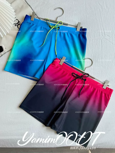 New Men's Swimming Trunks for Summer, Gradient Loose-Fitting Vacation Swim Trunks, Anti-Embarrassment Swimwear for Hot Springs, Boxer-Style Swimming Gear