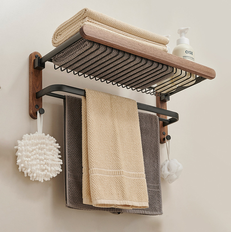 Walnut Wood High-End Towel Rack for Bathroom, Home Use, No-Drill Bathroom Shelf, Washroom Storage Towel Rack