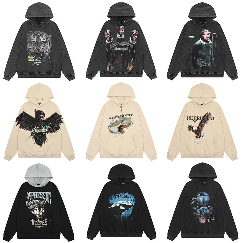 Represent Sweatshirt Retro Washed Distressed Doberman Shark Loose Hoodie High Street Male Couple Jacket