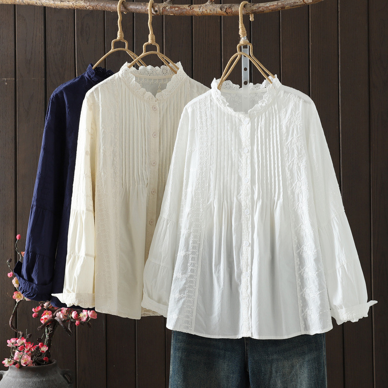 Japanese Mori Girl Stand Collar Lace Pleated Jacquard Embroidery Women's Cardigan Long-Sleeved Shirt Tops Wholesale Japanese Mori Girl Stand Collar Lace Pleated Jacquard Embroidery Women's Cardigan Long-Sleeved Shirt Tops Wholesale