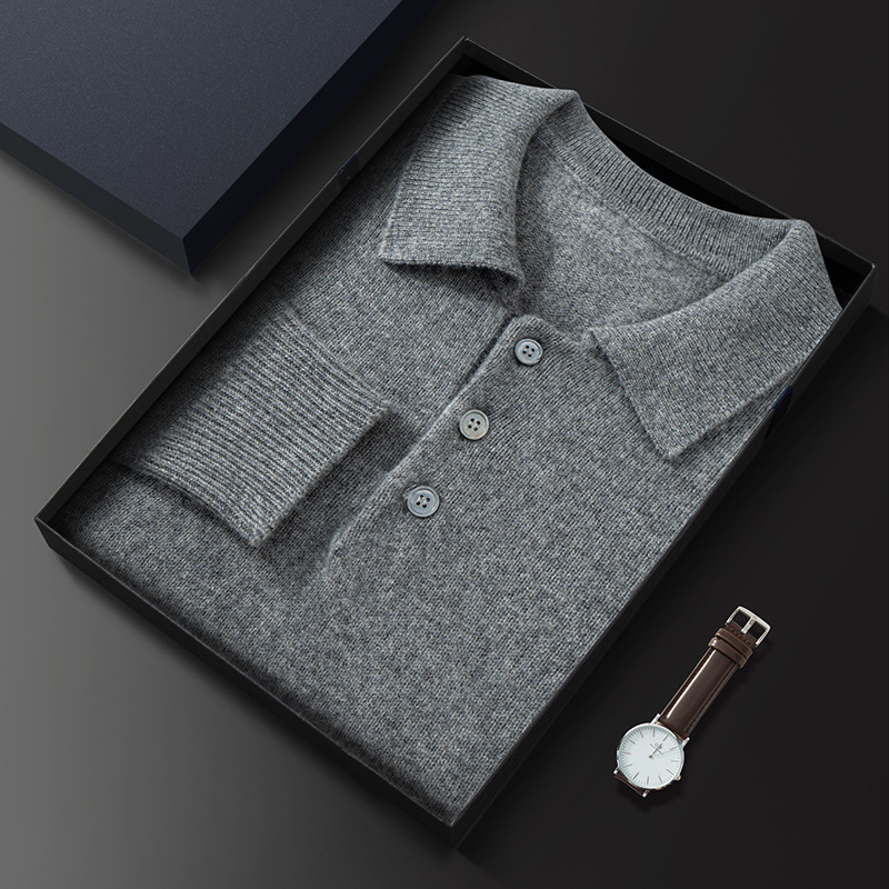 Kaschmir Herren Poloshirt locker lässig urban Style Kaschmirpullover Winter Neuware einfarbig vielseitig_voghion.com