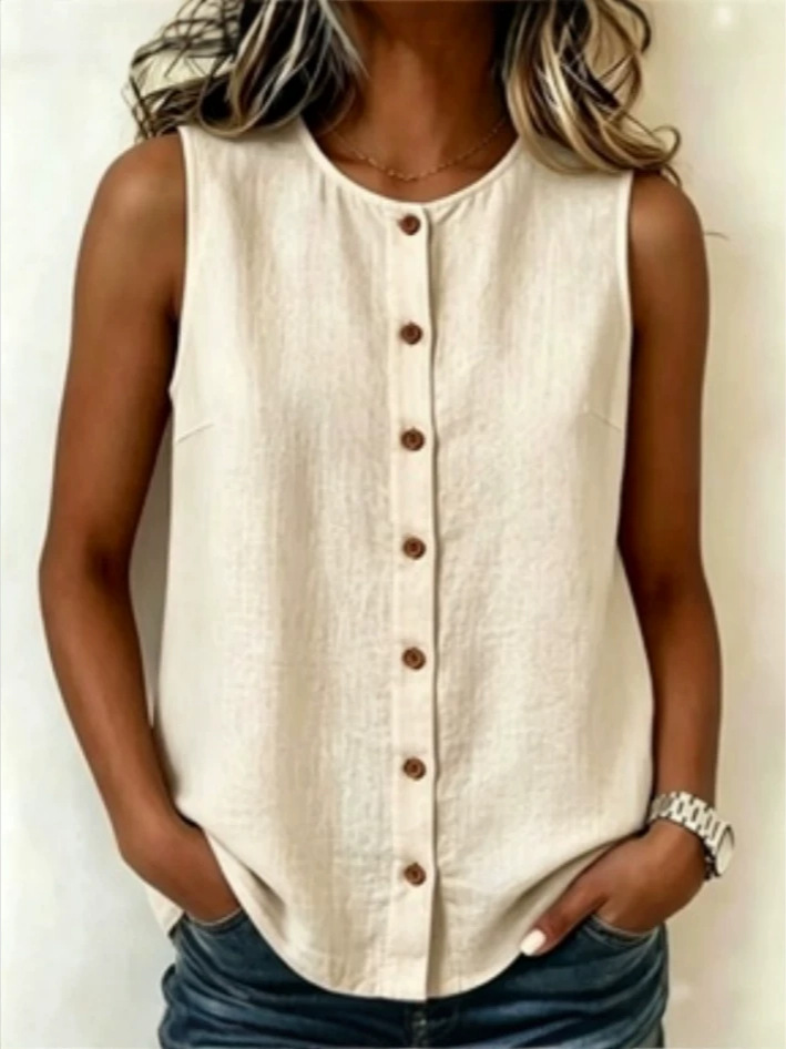 20026 / Amazon Europa y América populares transfronterizas chaleco casual de algodón camisa de mujer sin mangas botones de cuello redondo image 4