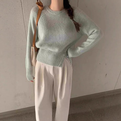 韩系毛衣女针织女装新款秋冬宽松圆领开叉纯色内搭冬季针织衫上衣