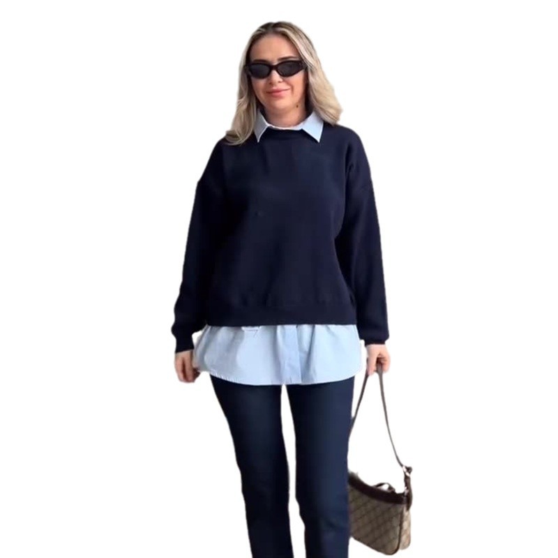 2024 otoño nuevo estilo europeo y americano Amazon ropa de mujer transfronteriza moda falsa dos piezas diseño simple camisa de punto universal