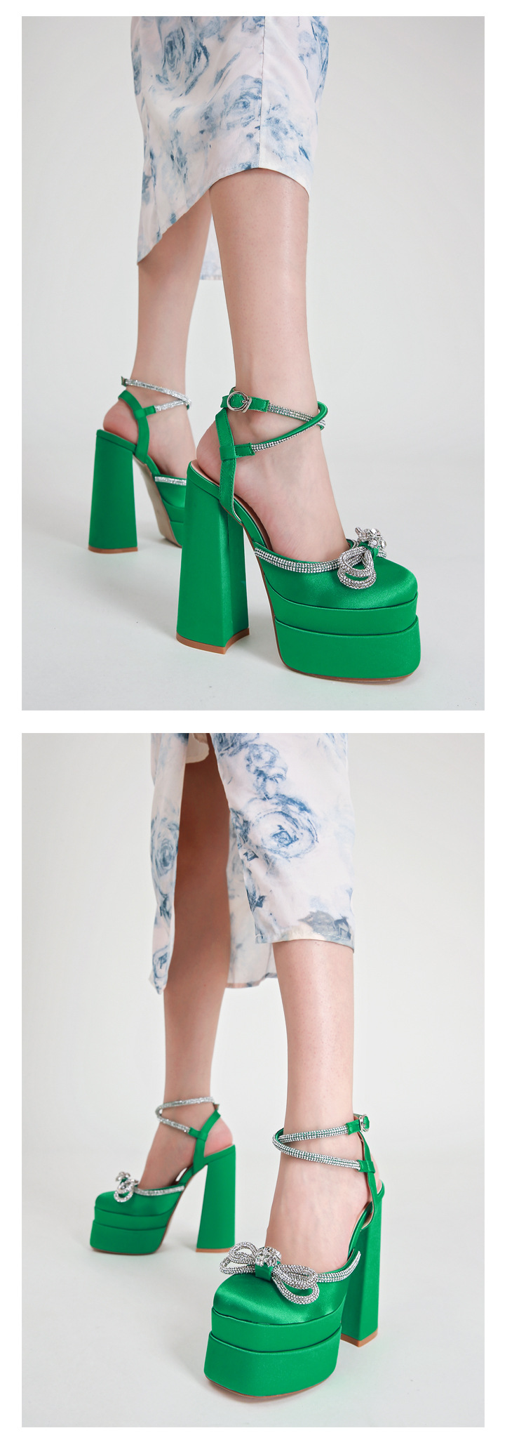 Giày sandal cao gót nữ đính đá dây đeo mắt cá chân, đế chống thấm nước, gót 9 cm — Màu đen chi tiết 12