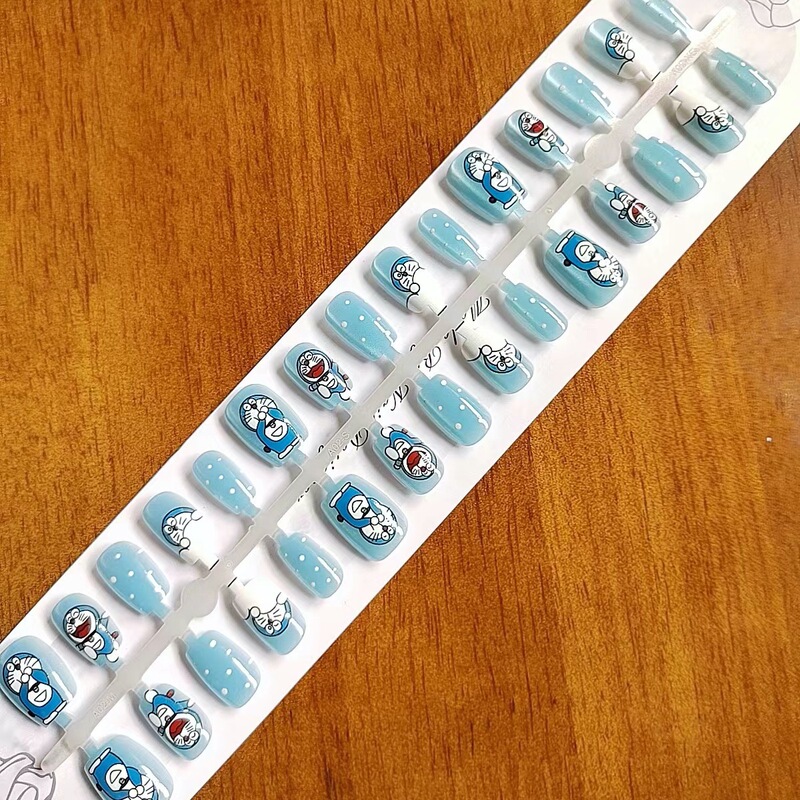 Cartoon Doraemon Wearable Short Square Nails, Cute Blue Finished Fake Nails, Student Nail Art