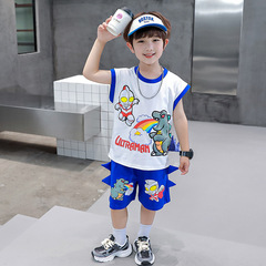 奧特曼男童夏季無袖背心套裝2024新款兒童酷帥氣男孩運動薄款衣服