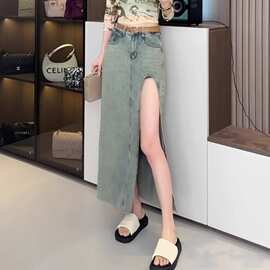 辣妹显瘦显高开叉不规则半身裙女2024春夏复古设计感牛仔长裙批发