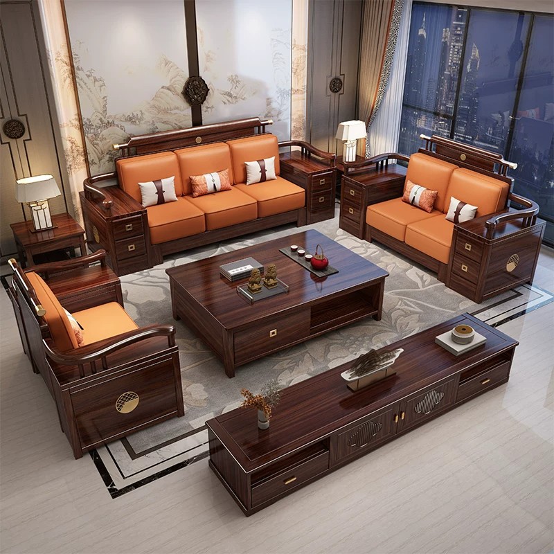 New Chinese-style solid wood sofa set, modern Chinese Zen-inspired, light luxury, suitable for villas and homes of various sizes, wooden furniture for living rooms