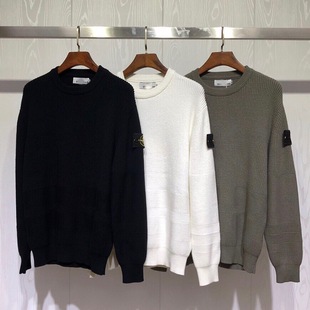Stone 24Ss Autum New Rib Splicing Pullover Knitwear for Men and Women, Classic Badge Island Round Neck