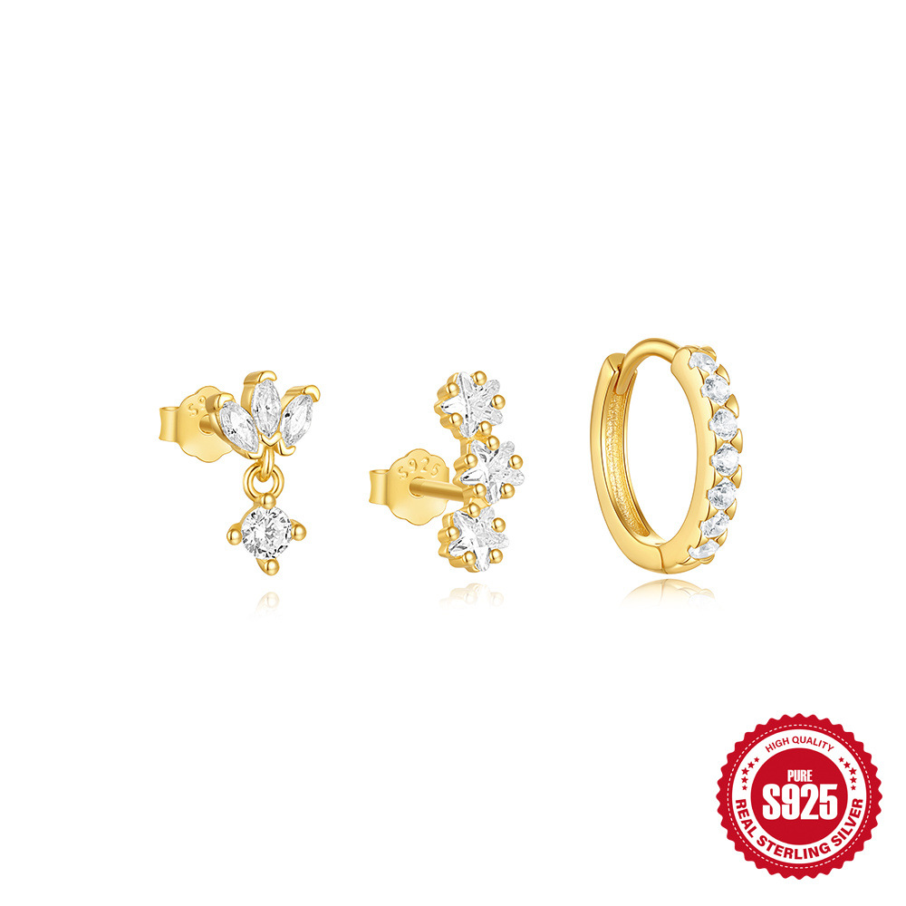 Europeo y americano transfronterizo s925 plata de ley estilo ins simple orejeras clásicas estrella de cinco puntas corona relámpago juego de diamantes