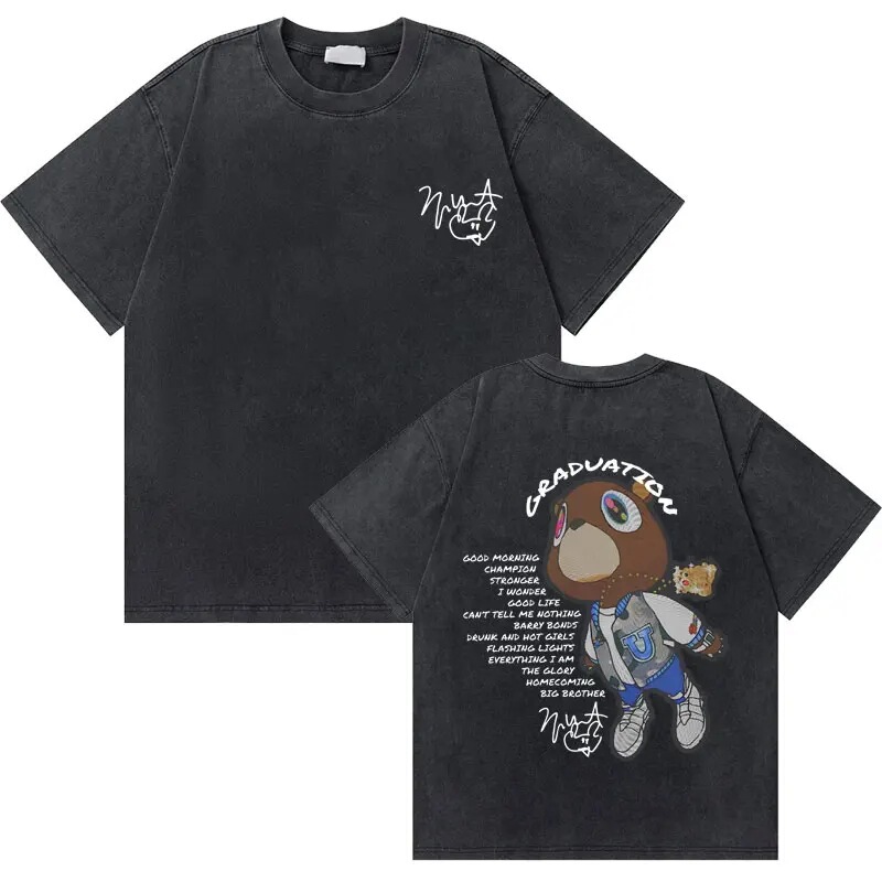 Washed Retro Rapper Kanye West Graduation Bear Graphic T-Shirt Men's Pure Cotton T-Shirt Men's Hip Hop Style