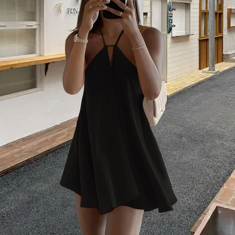 Women's Sexy Deep V Neck Backless Halter Neck Loose A-Line Dress European American Style 2025 Cross Strap Dress_ecoleips.com