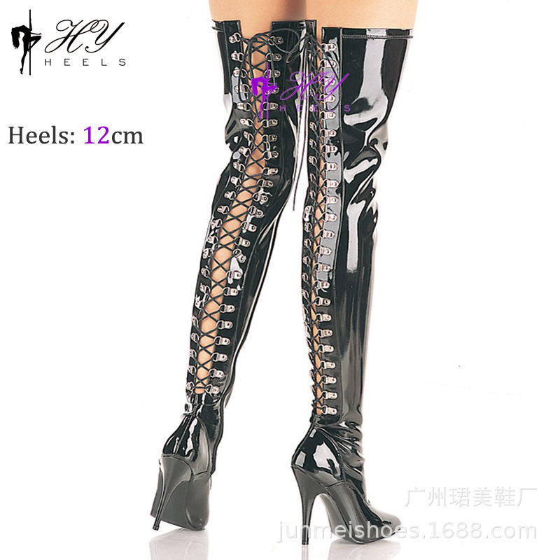 12cm Super High Heel Nightclub Cross Strap Lacquered Leather Boots Black Thin Heel Thigh Over-the-Knee Boots Leggings Lace-up Super Long Boots