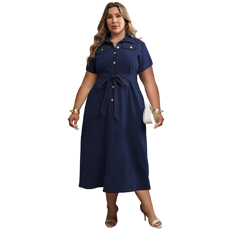 Damen Plus Size Jeans-wickelkleid Mit Gürtel Und A-linien-schnitt_voghion.com