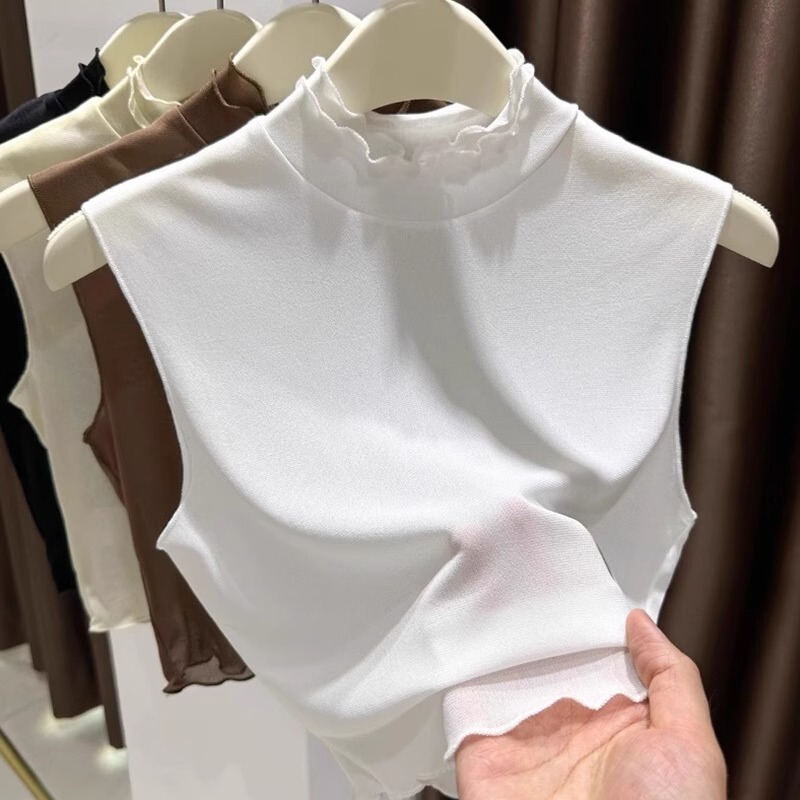 Slim-Fit, Sleeveless, Half-High Collar Top, Short Mesh Undershirt, Versatile Ruffled Collar