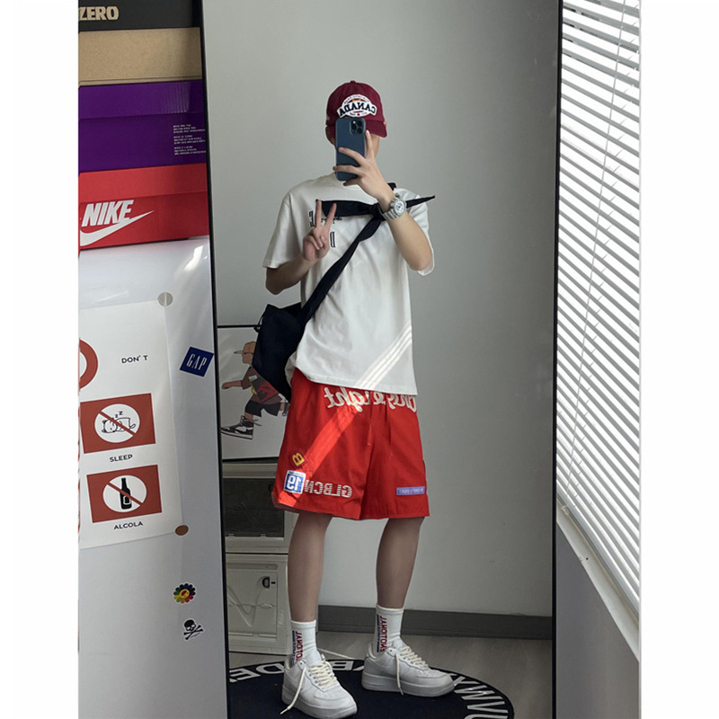 American Red Baseball Shorts Men's Summer High Street Trendy Brand Embroidered Shorts Loose Straight Basketball Sports Pants
