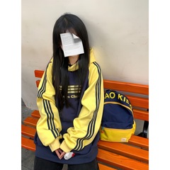 国潮美式撞色插肩袖连帽卫衣女春秋冬新款加绒宽松百搭帽衫潮