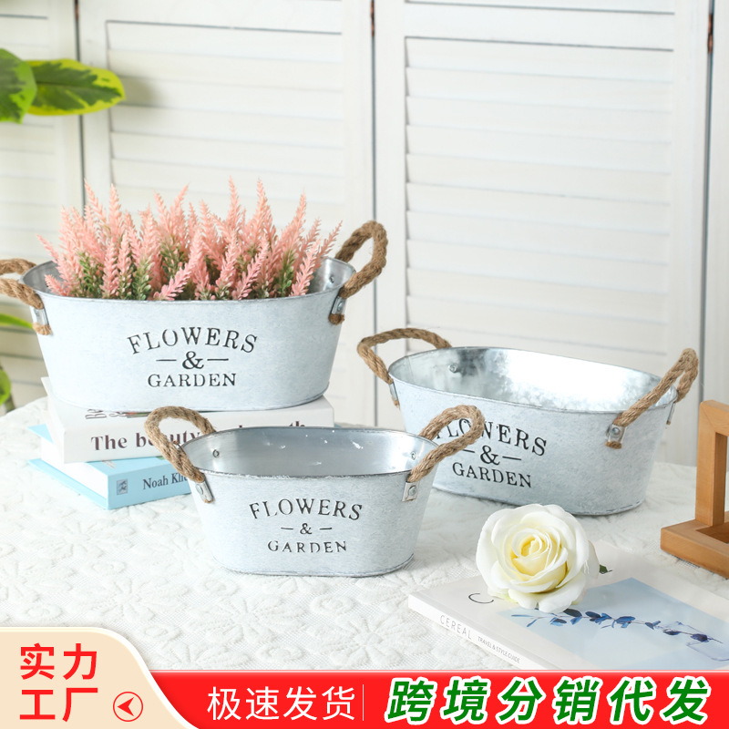 Pastoral Style Oval Iron Flower Pot with Hemp Rope Handle, Green Plant Desktop Flower Pot, Succulent Plant, Retro Old Flower Pot