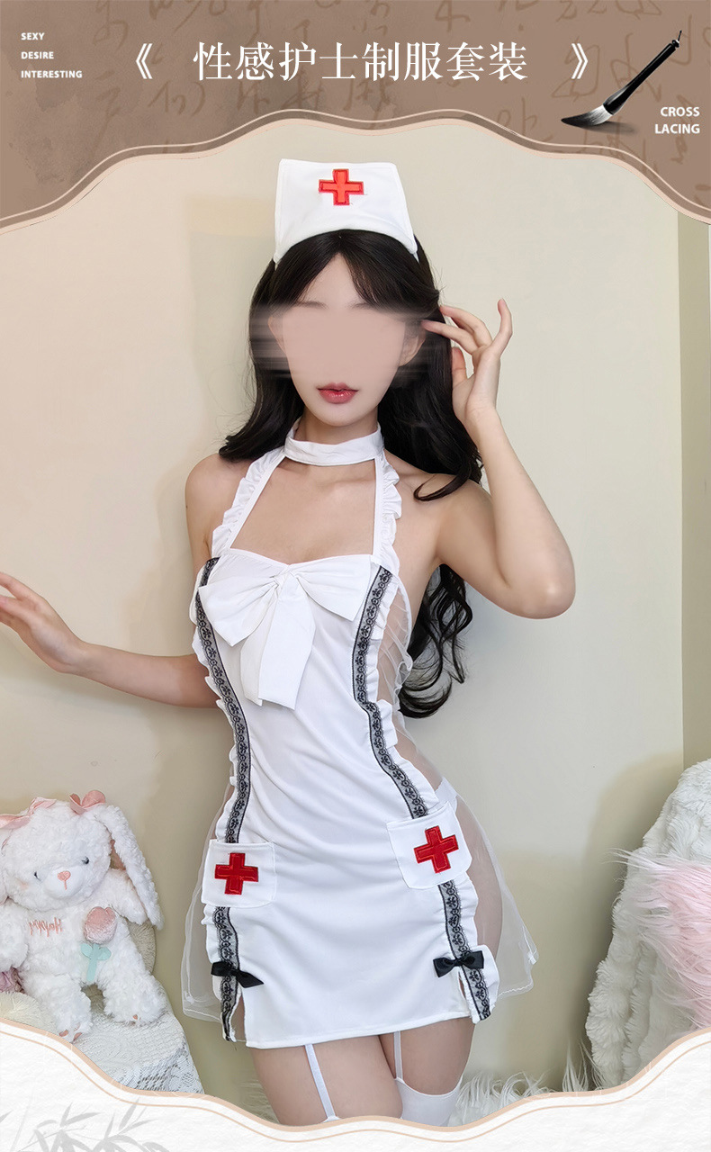 Nurse Roleplay Costume Bodysuit with Cap, Lightweight Polyester One-piece — detail image 2