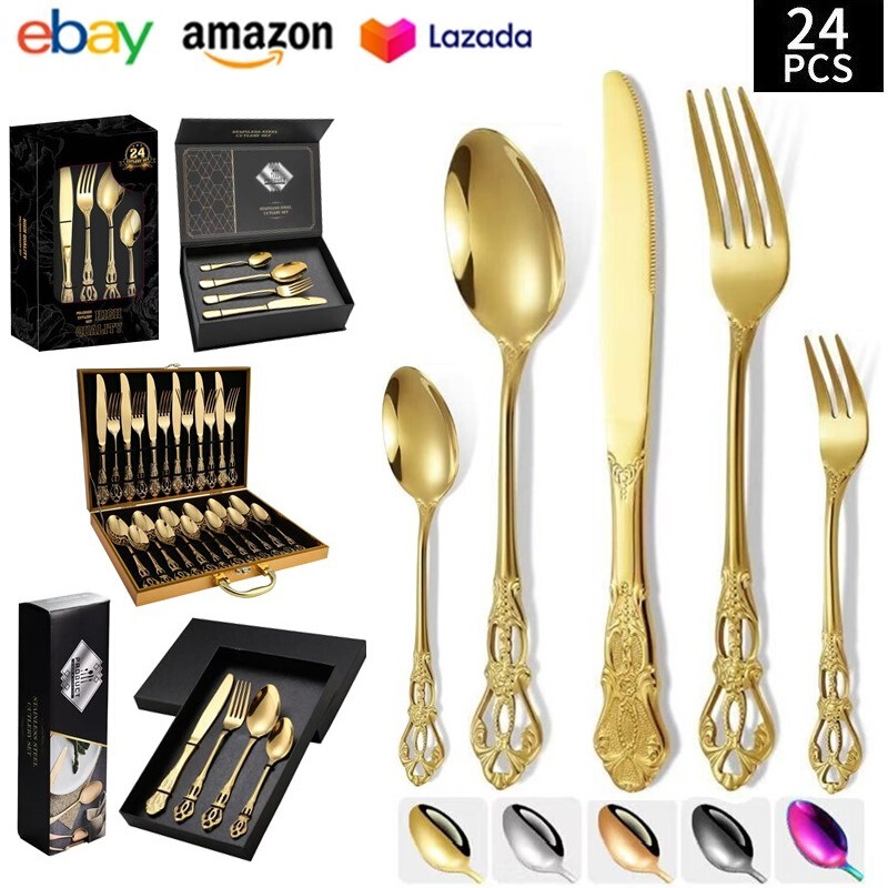 Cross-border Amazon Stainless Steel Knife, Fork and Spoon Western Tableware Retro Imperial Court Relief Steak Knife, Fork and Spoon Tableware suit