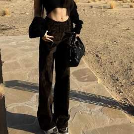 时髦感街头休闲牛仔裤女新款高腰挺括宽松直筒长裤百搭通勤休闲裤