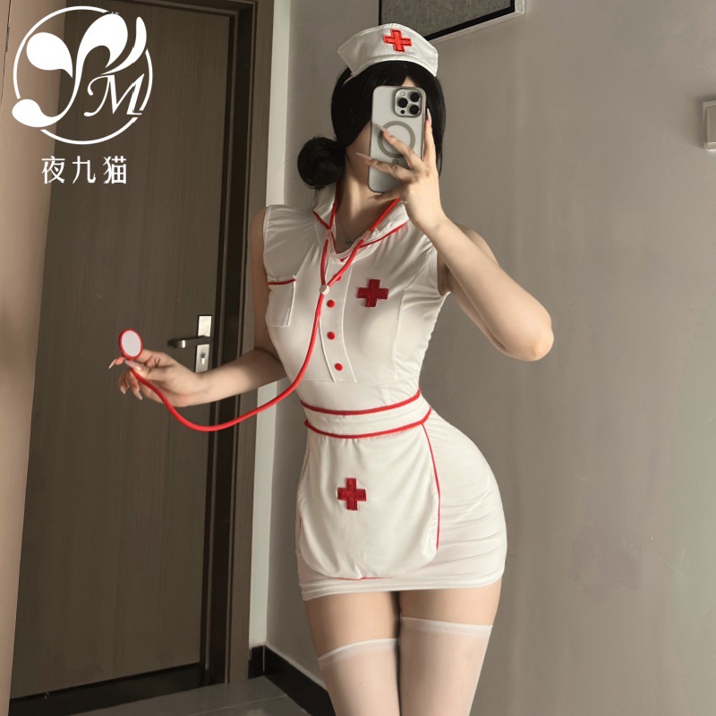 Sexy Lingerie Pure Lust Style White Nurse Hollow Hot Buttocks Exposed Straps Bed Teasing Passion Suit for Women