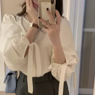 2026新款chic 春季韩版设计感蝴蝶结绑带灯笼袖衬衫上衣女
