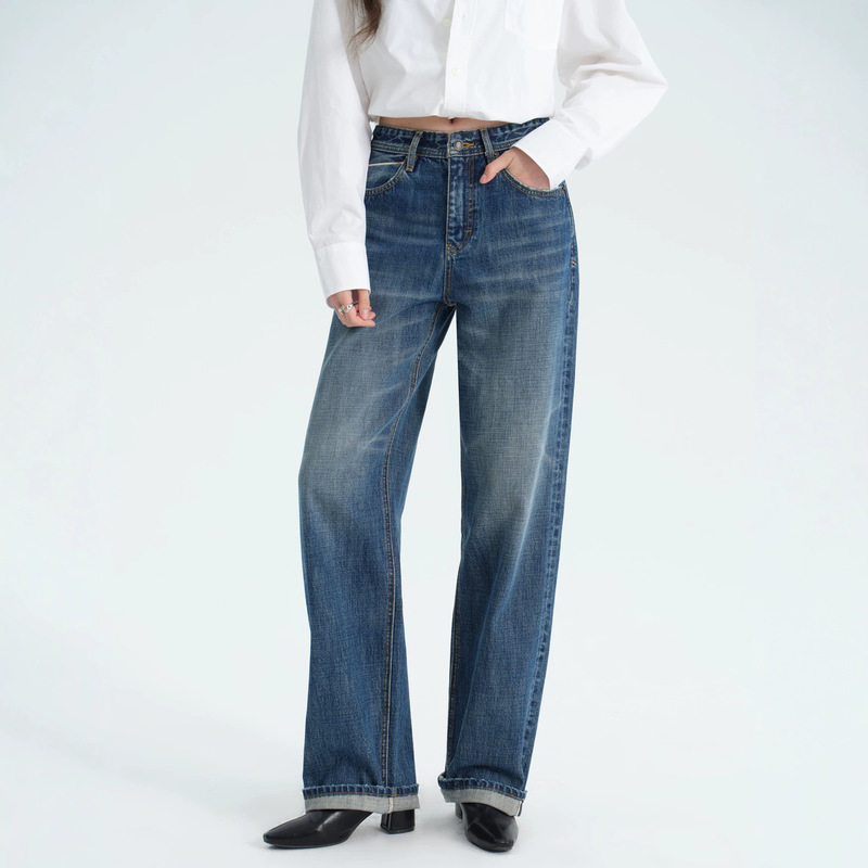 MBB red-ear denim non-stretch slim straight jeans for women, autumn and winter high-waisted slimming washed vintage versatile pants