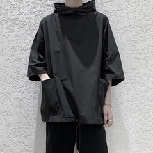 夏季带帽短袖t恤男宽松七分袖卫衣潮流风衣型套头衫中袖衣服夏装