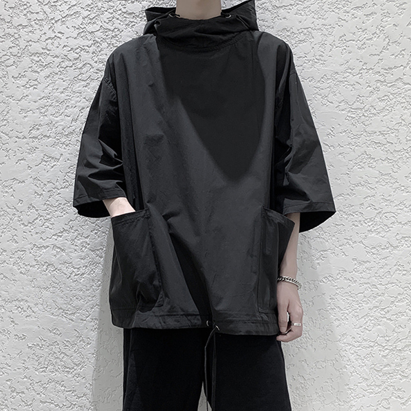 夏季带帽短袖t恤男宽松七分袖卫衣潮流风衣型套头衫中袖衣服夏装