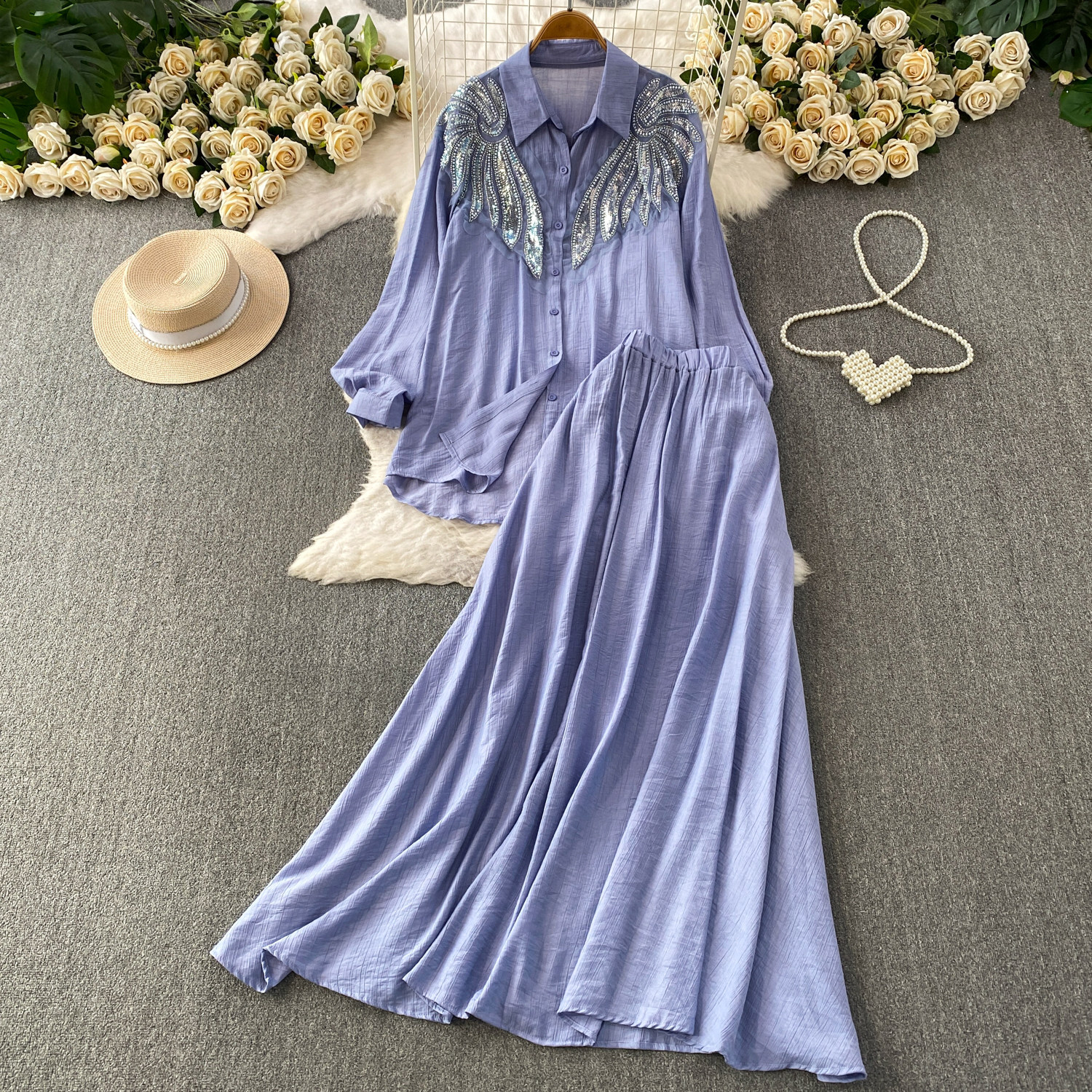 European Style Embroidered Pearl & Sequin Blouse With Mid-Length Skirt Set - Elegant Oversized Office Wear Two-Piece Outfit_ecoleips.com