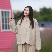 2025冬季新款色织亚麻棉服女复古立领夹棉毛边宽松棉衣外套棉服