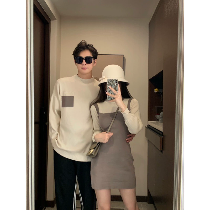 Spring couple clothing for beloved, set, long-sleeve, knitted sweater, round collar