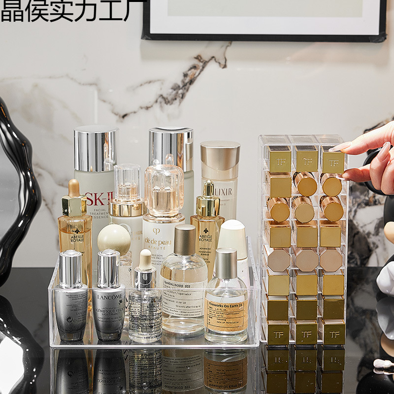 2025新款透明亚克力化妆品收纳盒带分格口大容量红架指甲油展示架