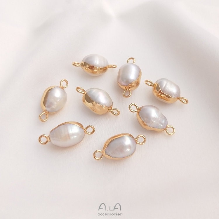 天然バロック異形真珠双穴ペンダントシングル吊り飾り米珠平円形手作りdiy縁取り部品