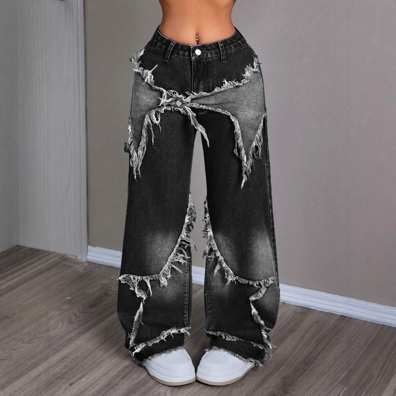 Cross-Border Aliexpress American Style Y2K Spicy Girl Patchwork Bow Jeans Women's Straight Loose Long Pants Ins Style