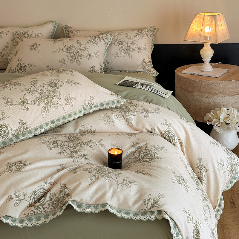 Conjunto de cama completo de quatro peças em algodão puro, grosso, escovado, estilo vintage boho francês nórdico francês, com capa de edredom e lençol. Ideal para outono e inverno._voghion.com