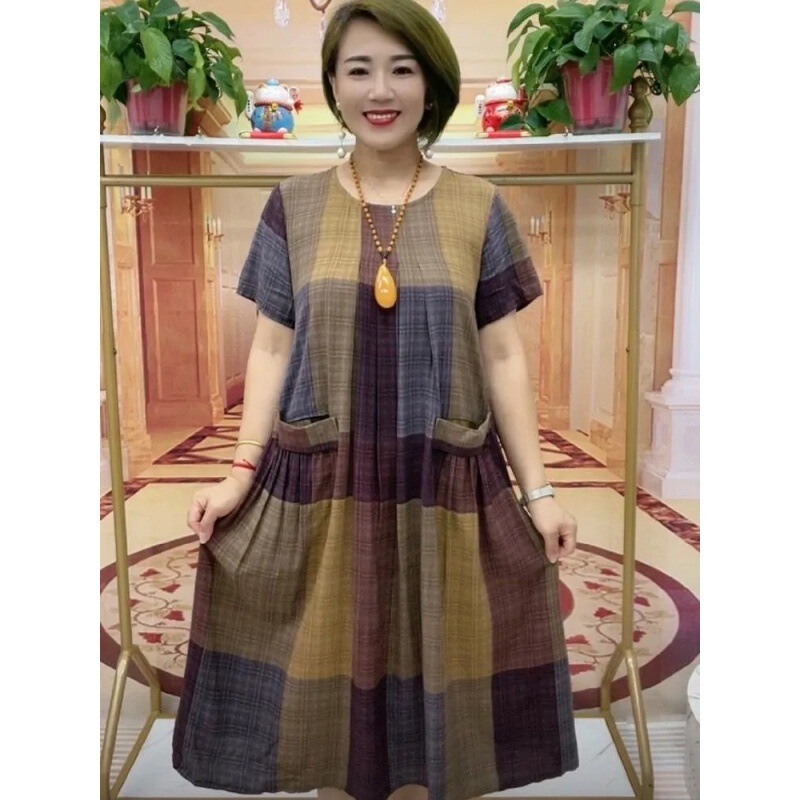 Cross-border 2023 checkered skirt large version summer dress 50 to 60 years old women's dress for the elderly plus fat increase