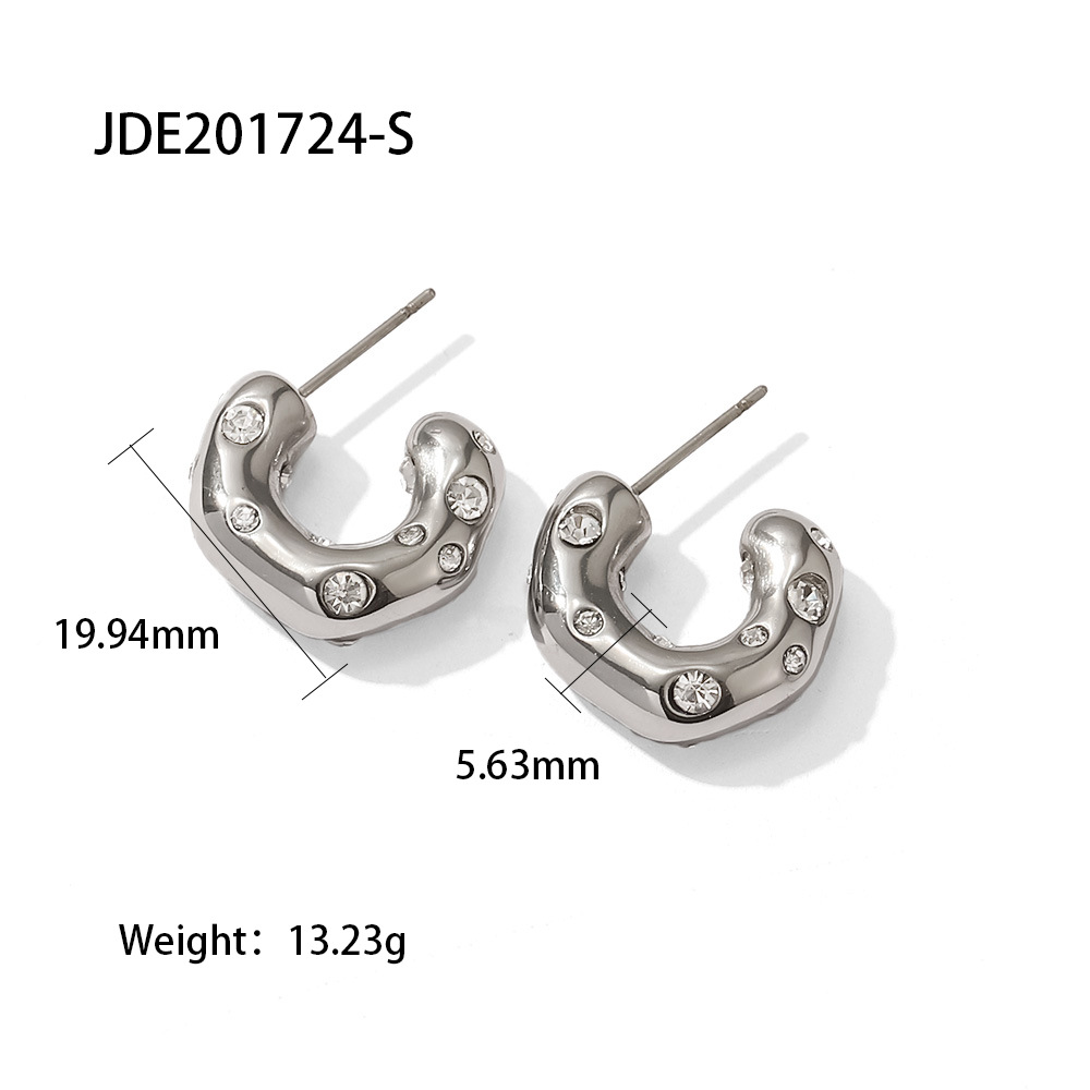 Simple Style C Shape Stainless Steel Inlaid Zircon Hoop Earrings 1 Pair