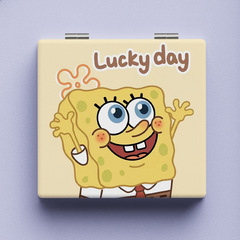 SpongeBob PU Leather Portable Makeup Mirror for Korean Teenage Students, Dual-Sided Foldable Compact Mirror for Touch-Up, Carry-On Mirror