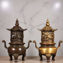 黄铜熏炉香炉盘龙塔炉家用香插佛堂供奉铜雕工艺品摆件仿古三足炉