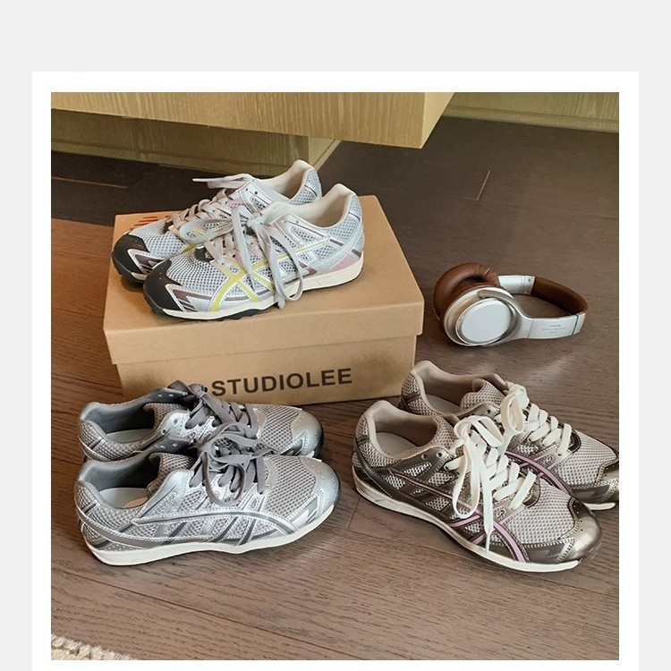 Grape Mom studiolee nuevo estilo deportivo americano costura de malla de todo fósforo color de contraste zapatos de papá primavera para mujer